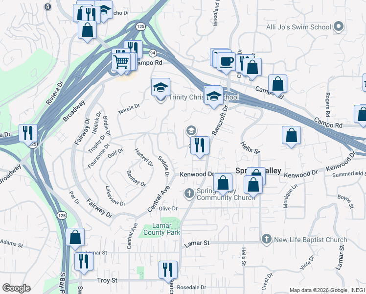 map of restaurants, bars, coffee shops, grocery stores, and more near 8872 Golf Drive in Spring Valley