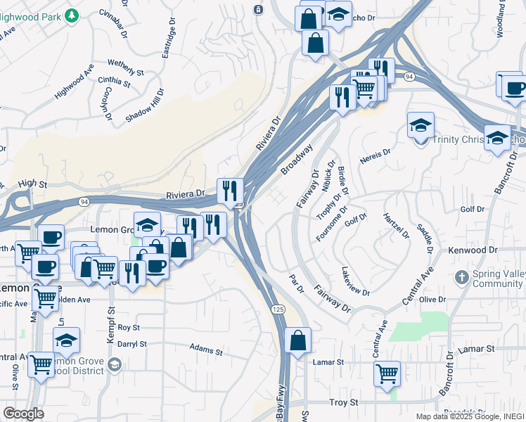 map of restaurants, bars, coffee shops, grocery stores, and more near 8365 Broadway in Lemon Grove