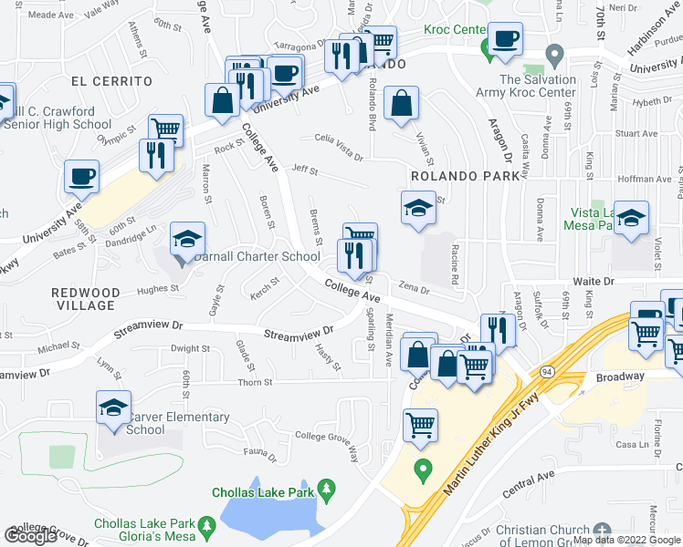 map of restaurants, bars, coffee shops, grocery stores, and more near 3659 College Avenue in San Diego