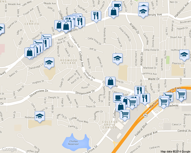 map of restaurants, bars, coffee shops, grocery stores, and more near 3659 College Avenue in San Diego