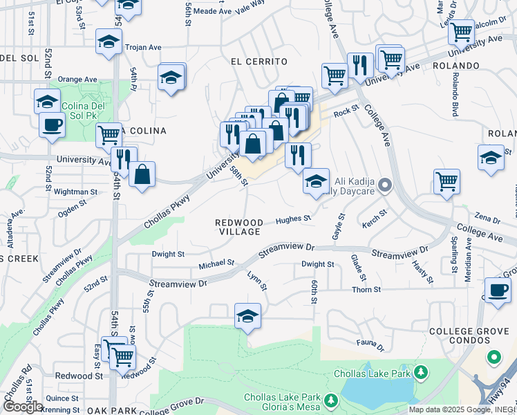 map of restaurants, bars, coffee shops, grocery stores, and more near 5825 Ascot Street in San Diego