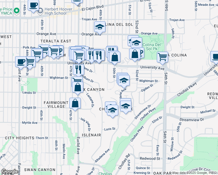 map of restaurants, bars, coffee shops, grocery stores, and more near 4930 Auburn Drive in San Diego