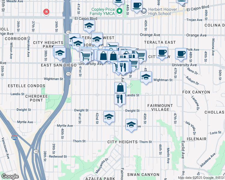 map of restaurants, bars, coffee shops, grocery stores, and more near 3730 43rd Street in San Diego