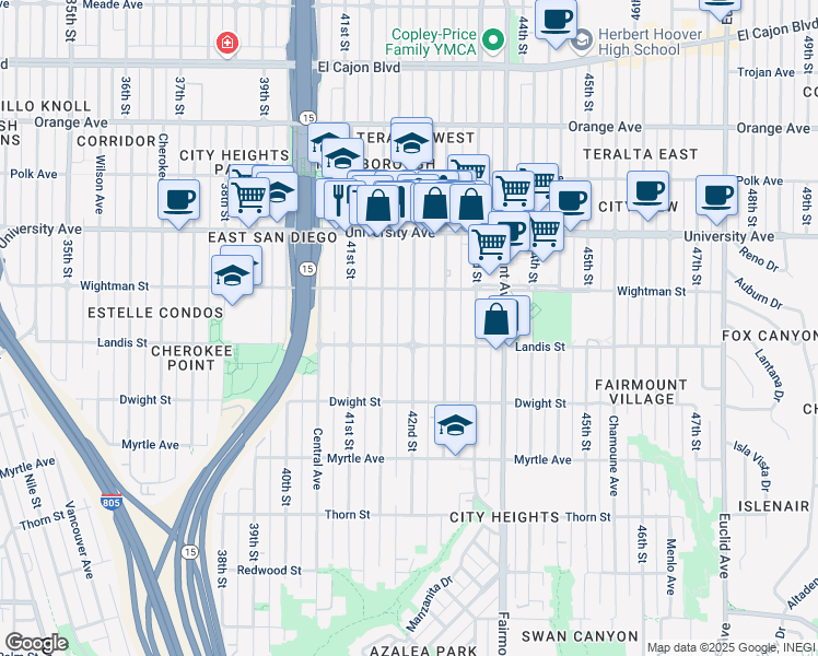 map of restaurants, bars, coffee shops, grocery stores, and more near 3720 42nd Street in San Diego