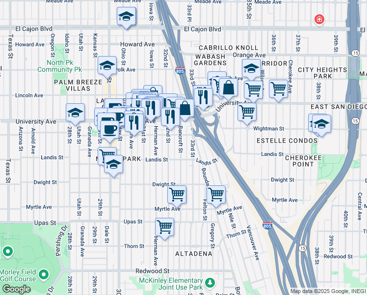 map of restaurants, bars, coffee shops, grocery stores, and more near 3752 33rd Street in San Diego