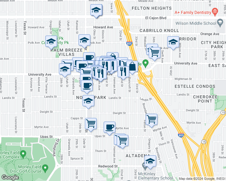 map of restaurants, bars, coffee shops, grocery stores, and more near 3743 Herman Avenue in San Diego