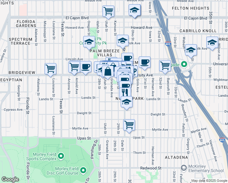 map of restaurants, bars, coffee shops, grocery stores, and more near 3752 Granada Avenue in San Diego