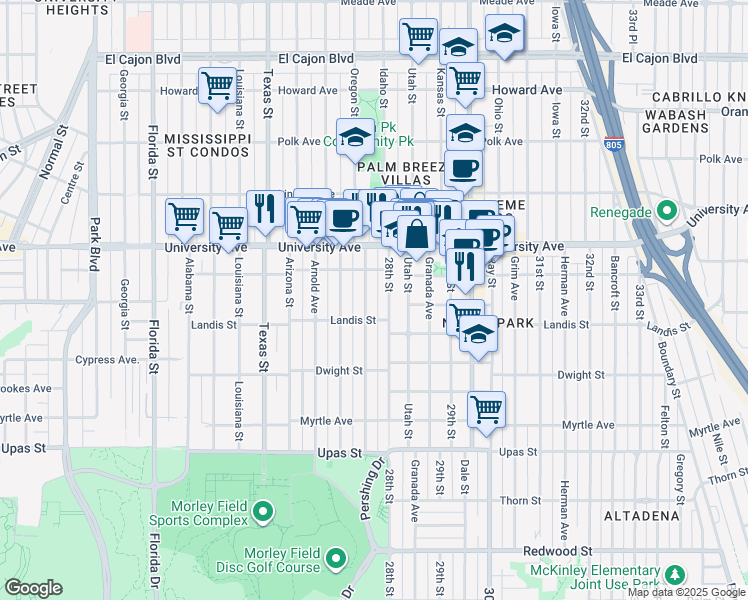 map of restaurants, bars, coffee shops, grocery stores, and more near 3740 Pershing Avenue in San Diego