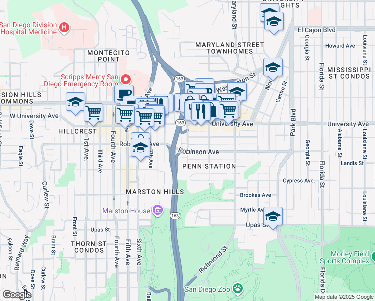 map of restaurants, bars, coffee shops, grocery stores, and more near in San Diego