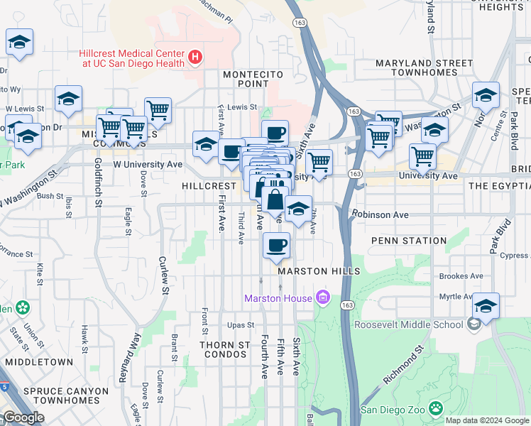 map of restaurants, bars, coffee shops, grocery stores, and more near 3750 Fourth Avenue in San Diego