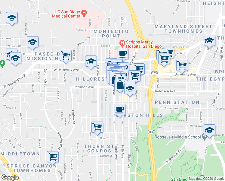 map of restaurants, bars, coffee shops, grocery stores, and more near 3750 Fourth Avenue in San Diego