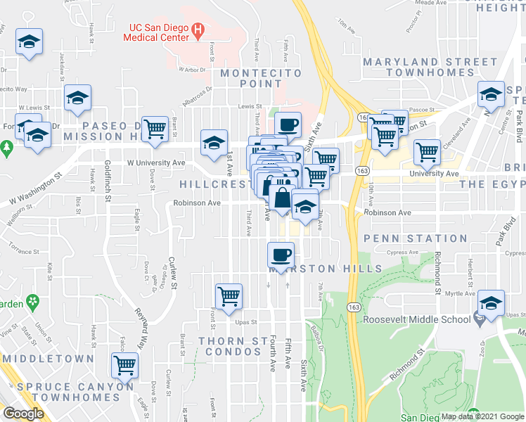 map of restaurants, bars, coffee shops, grocery stores, and more near 3776 Fourth Avenue in San Diego