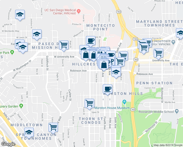 map of restaurants, bars, coffee shops, grocery stores, and more near in San Diego