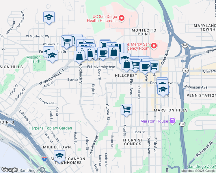 map of restaurants, bars, coffee shops, grocery stores, and more near 3786 Curlew Street in San Diego