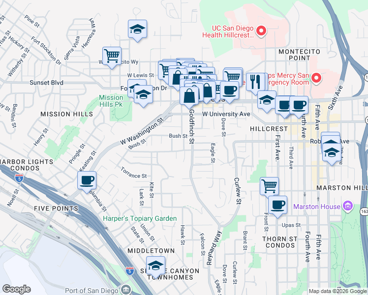 map of restaurants, bars, coffee shops, grocery stores, and more near 1002 Sutter Street in San Diego