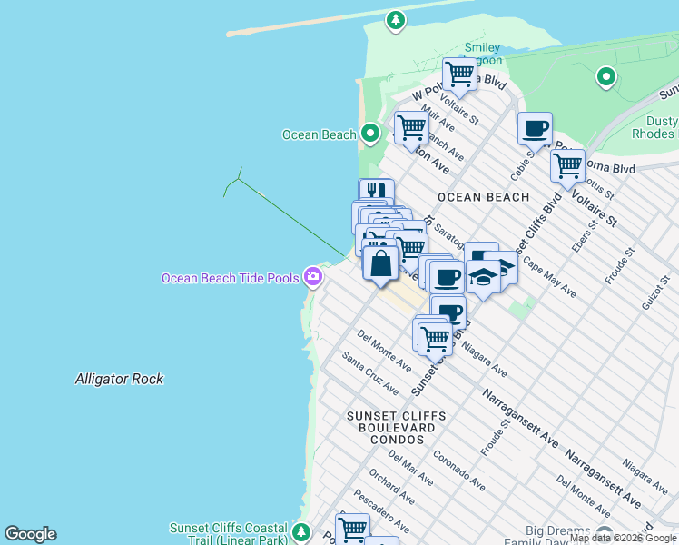 map of restaurants, bars, coffee shops, grocery stores, and more near 5070 Narragansett Avenue in San Diego