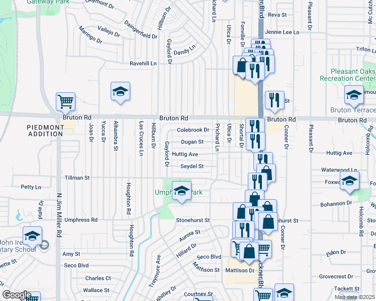 map of restaurants, bars, coffee shops, grocery stores, and more near 7807 Huttig Avenue in Dallas