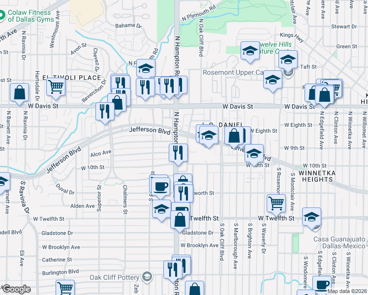 map of restaurants, bars, coffee shops, grocery stores, and more near 206 North Hampton Road in Dallas