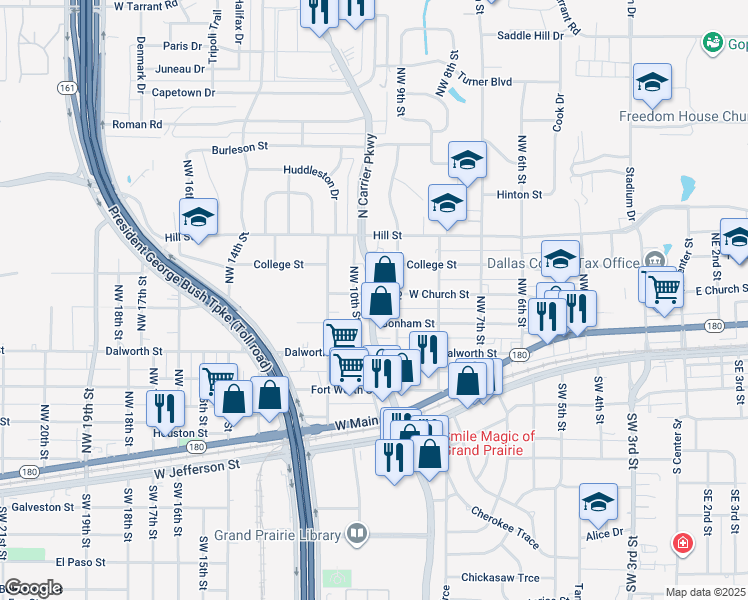 map of restaurants, bars, coffee shops, grocery stores, and more near 517n North Carrier Parkway in Grand Prairie