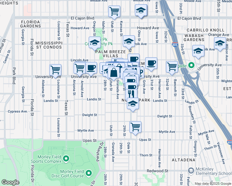 map of restaurants, bars, coffee shops, grocery stores, and more near 3752 Granada Avenue in San Diego