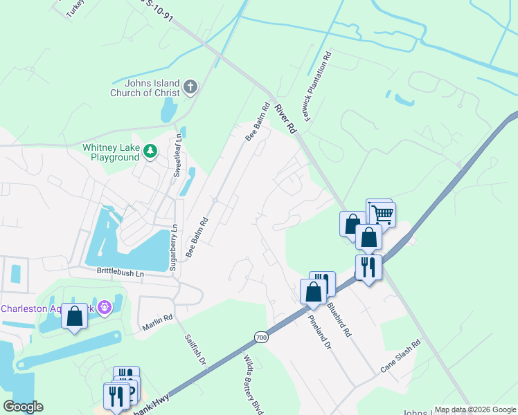 map of restaurants, bars, coffee shops, grocery stores, and more near 1815 Towne Street in Johns Island