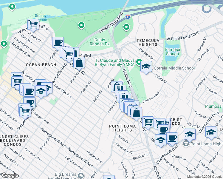 map of restaurants, bars, coffee shops, grocery stores, and more near 2222 Bolinas Street in San Diego