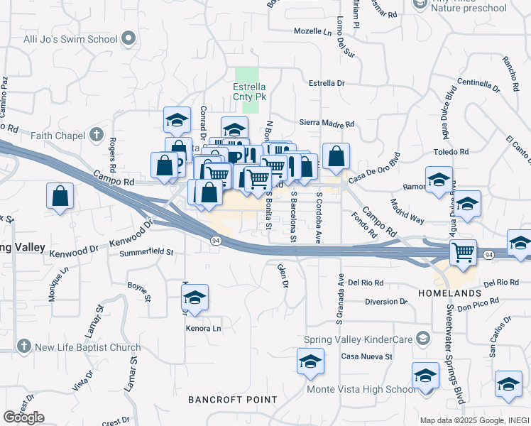 map of restaurants, bars, coffee shops, grocery stores, and more near 3654 South Bonita Street in Spring Valley