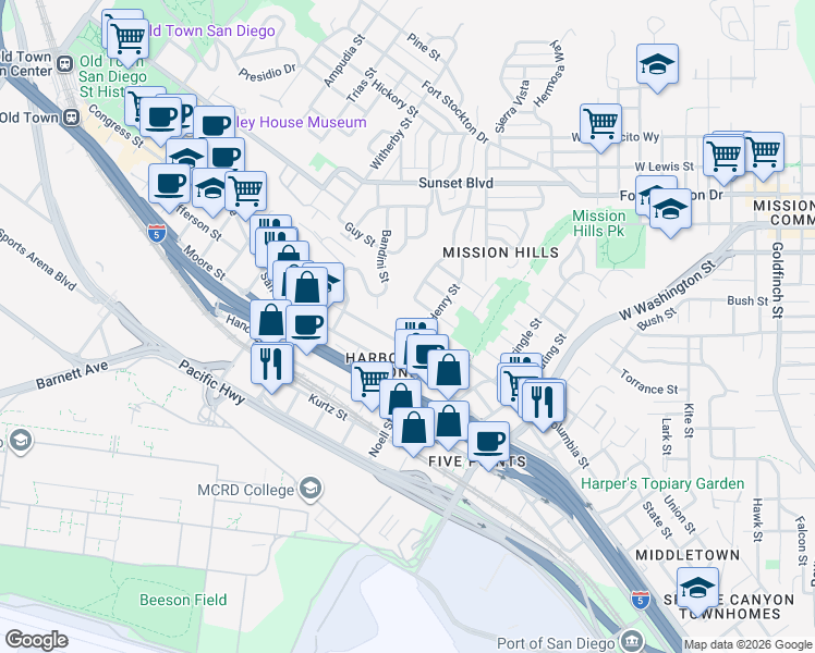 map of restaurants, bars, coffee shops, grocery stores, and more near 1977 Titus Street in San Diego