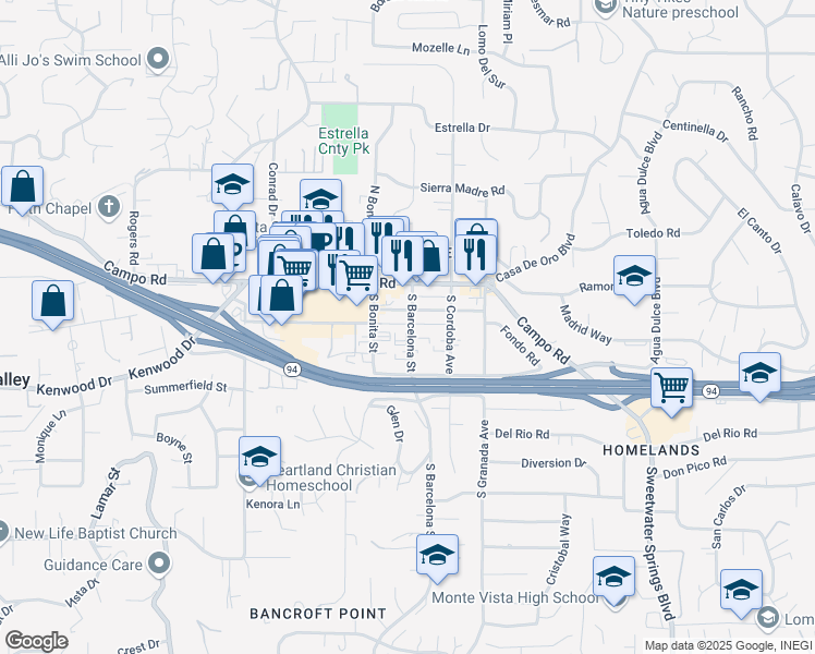 map of restaurants, bars, coffee shops, grocery stores, and more near 3654 South Barcelona Street in Spring Valley