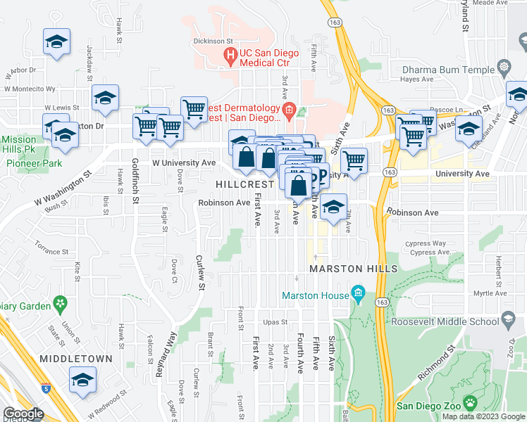 map of restaurants, bars, coffee shops, grocery stores, and more near 3773 1st Avenue in San Diego