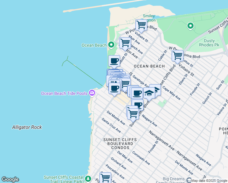 map of restaurants, bars, coffee shops, grocery stores, and more near 5022 Niagara Avenue in San Diego