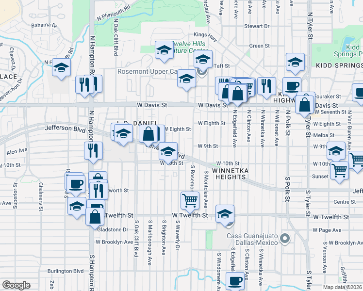 map of restaurants, bars, coffee shops, grocery stores, and more near 216 North Waverly Drive in Dallas