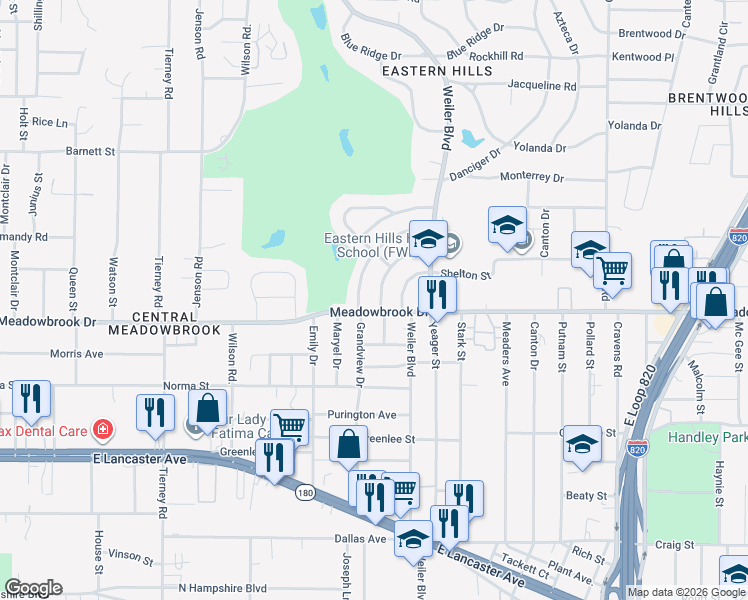 map of restaurants, bars, coffee shops, grocery stores, and more near 2212 San Jose Drive in Fort Worth
