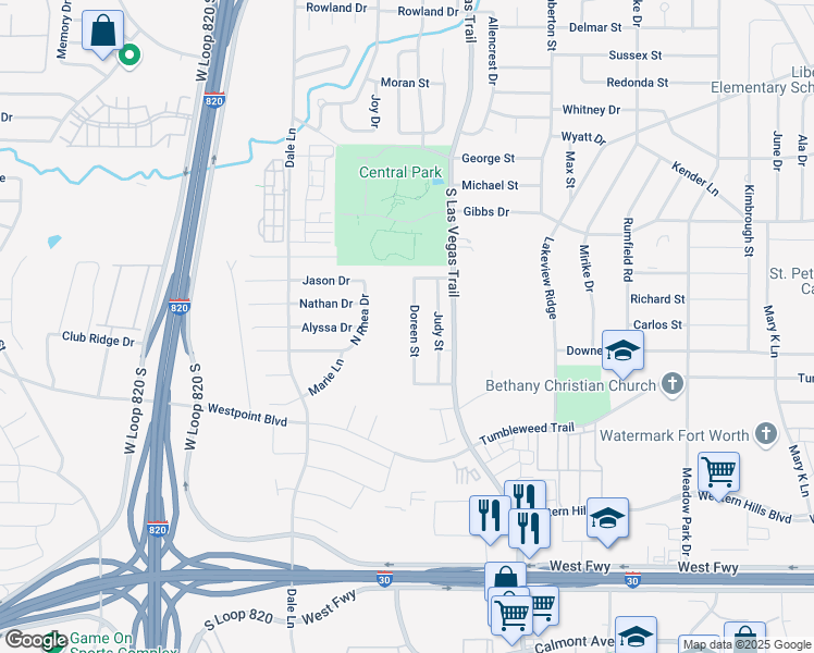 map of restaurants, bars, coffee shops, grocery stores, and more near 1108 Doreen Street in White Settlement