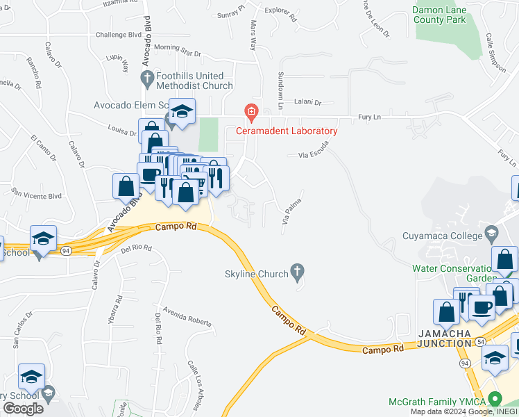 map of restaurants, bars, coffee shops, grocery stores, and more near 3550 Paseo Salamoner in La Mesa