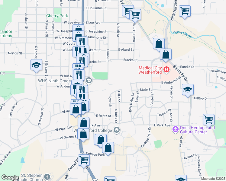 map of restaurants, bars, coffee shops, grocery stores, and more near 1101 South Rusk Street in Weatherford