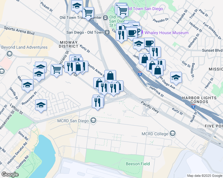 map of restaurants, bars, coffee shops, grocery stores, and more near 3634 Enterprise Street in San Diego