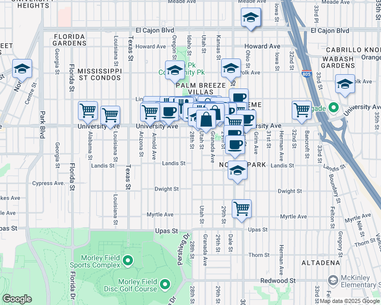 map of restaurants, bars, coffee shops, grocery stores, and more near 3754 28th Street in San Diego