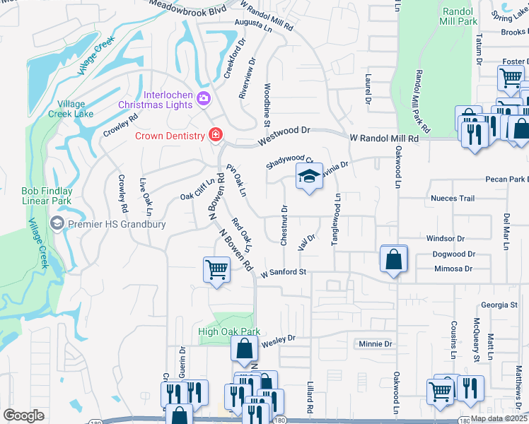 map of restaurants, bars, coffee shops, grocery stores, and more near 811 Pin Oak Lane in Arlington