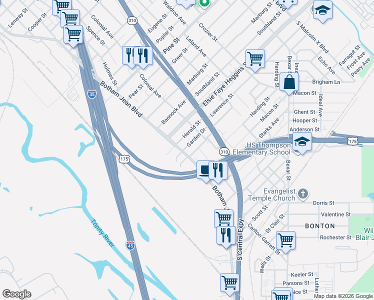 map of restaurants, bars, coffee shops, grocery stores, and more near 1606 Garden Drive in Dallas