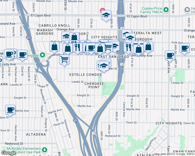 map of restaurants, bars, coffee shops, grocery stores, and more near 3727 37th Street in San Diego
