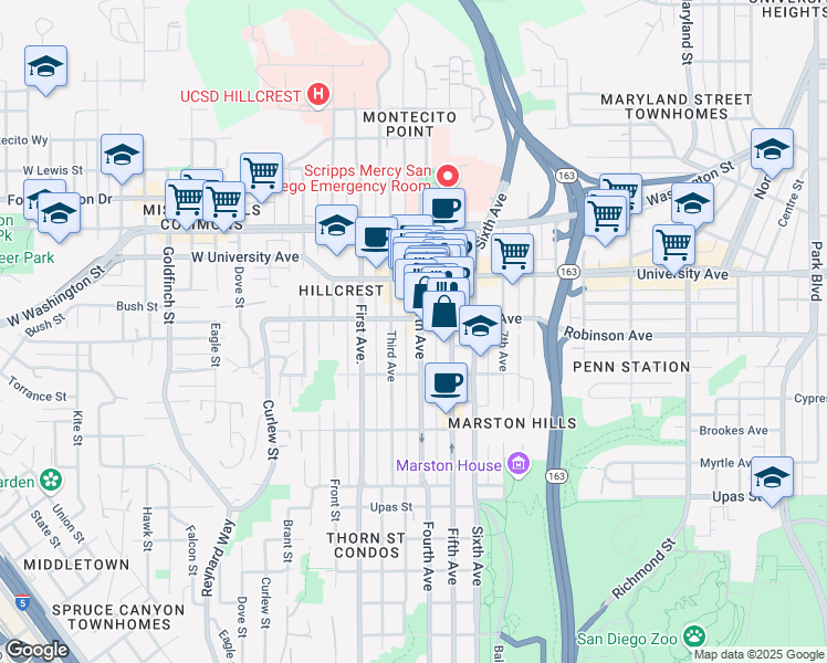 map of restaurants, bars, coffee shops, grocery stores, and more near 3776 Fourth Avenue in San Diego