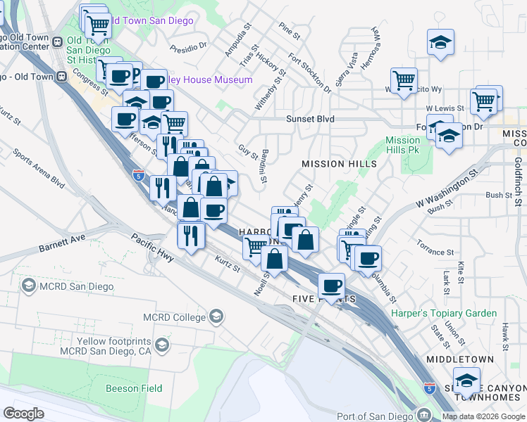 map of restaurants, bars, coffee shops, grocery stores, and more near 2026 West California Street in San Diego