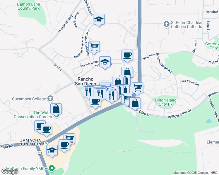 map of restaurants, bars, coffee shops, grocery stores, and more near 11430 Via Rancho San Diego in El Cajon