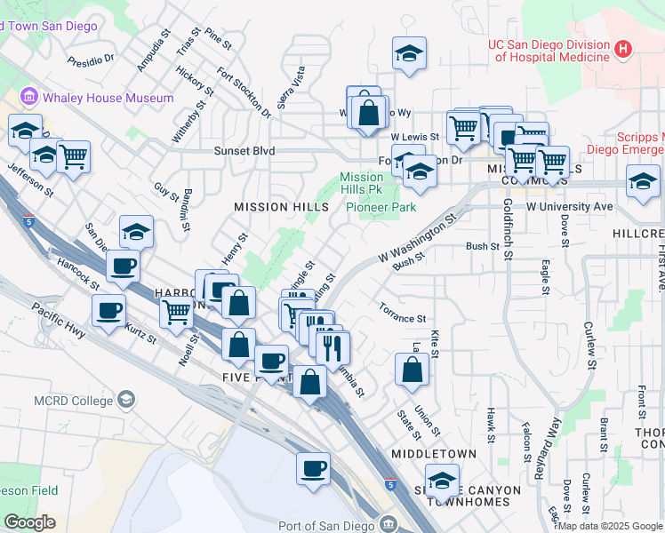 map of restaurants, bars, coffee shops, grocery stores, and more near 1710 Torrance Street in San Diego