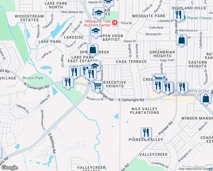 map of restaurants, bars, coffee shops, grocery stores, and more near 1511 Creek Wood Lane in Mesquite