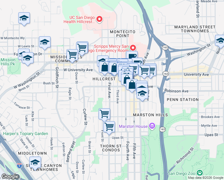 map of restaurants, bars, coffee shops, grocery stores, and more near 3773 1st Avenue in San Diego
