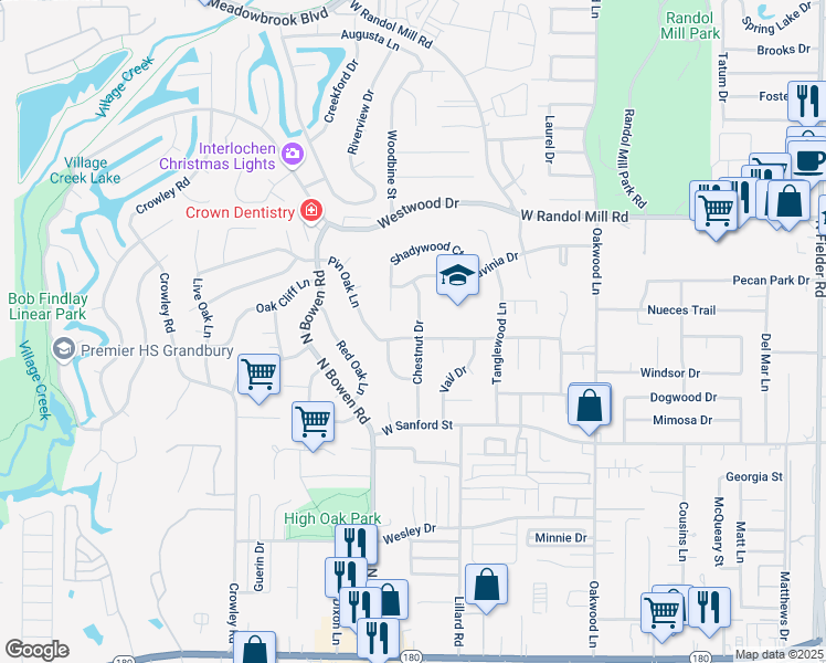 map of restaurants, bars, coffee shops, grocery stores, and more near 801 Pin Oak Lane in Arlington