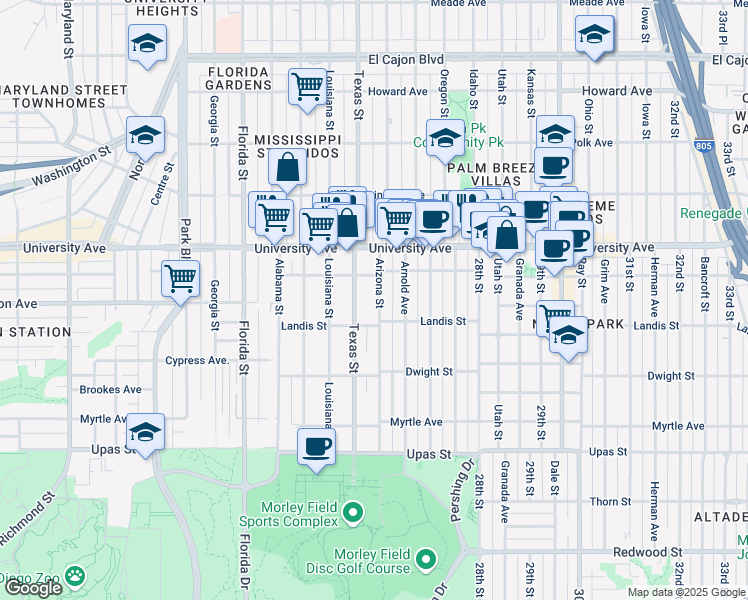 map of restaurants, bars, coffee shops, grocery stores, and more near 3750 Arizona Street in San Diego