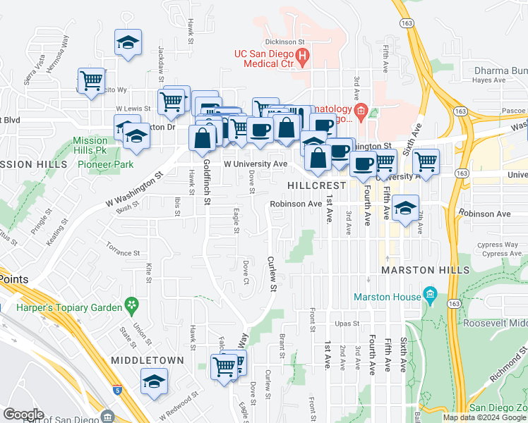 map of restaurants, bars, coffee shops, grocery stores, and more near 3786 Curlew Street in San Diego